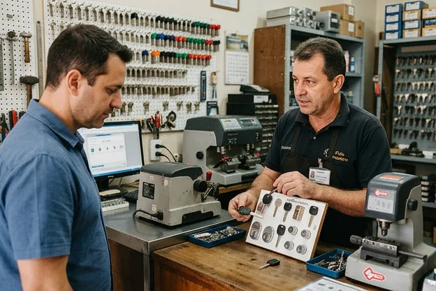 Chaveiro conversando com um cliente em Bento Gonçalves sobre serviços.
